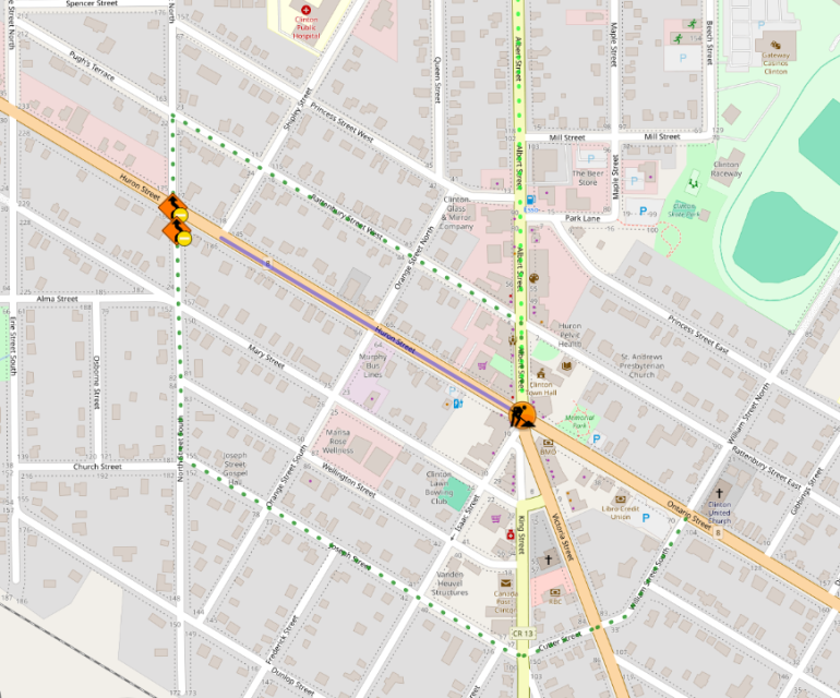 Map outlining local traffic detours within Clinton during Huron Street construction
