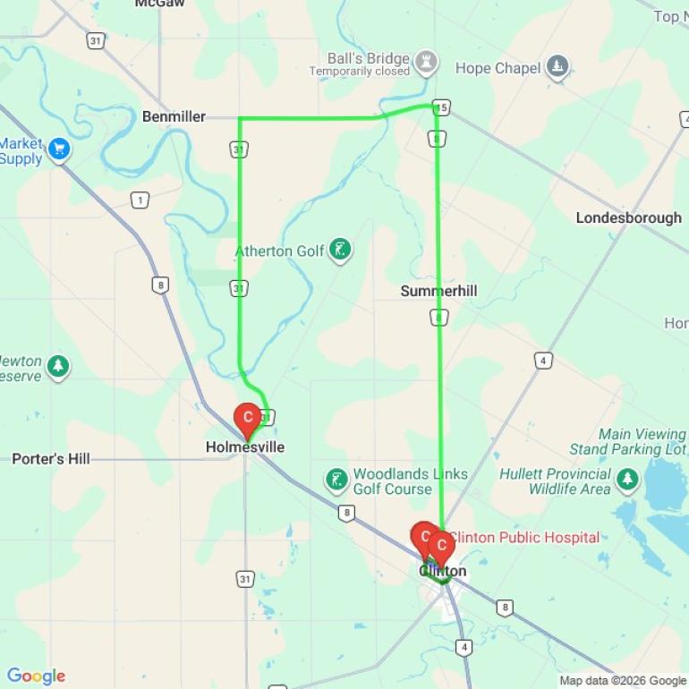 Map outlining the large truck detour from Clinton to Holmesville during Huron Street construction in Clinton